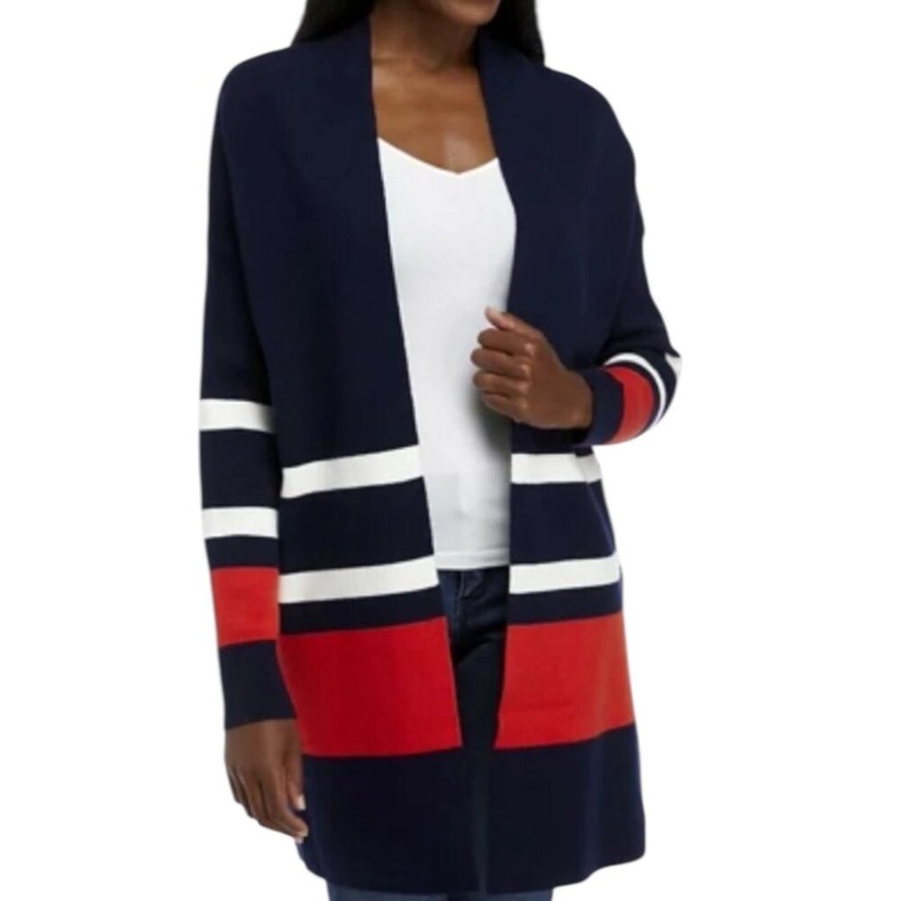NWT Crown & Ivy Navy Orange White Striped Long Cardigan Sweater Medium